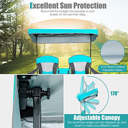 Safstar Double Camping Chair With Canopy Shade, Folding Loveseat Camping Chairs With Mini Table Beverage Cup Holder Carrying Bag, Fold Up Chairs For Outside Beach Lawn Camping Activity, Turquoise #TOP4