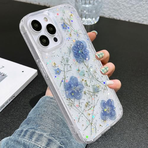 Coque transparente à paillettes iPhone 13 Pro Max antichoc fleurs bleues - 6