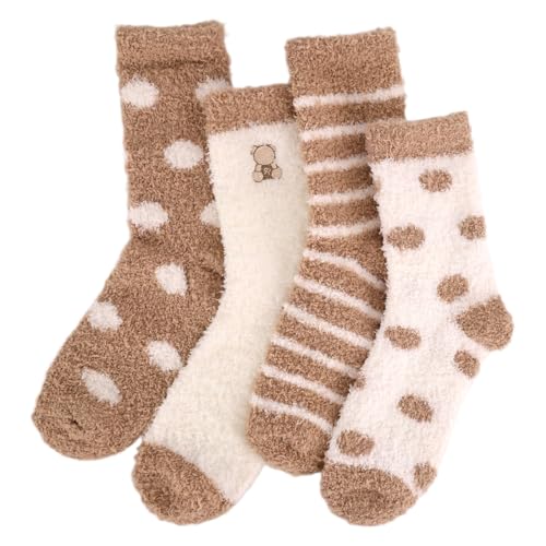 4 Paar Kuschelsocken Damen 39-42 Flauschige Socken aus Korallenfleece Warme Socken Damen Bettsocken Schlafsocken Haussocken (Light Brown Erwachsene 38.5 Numerisch EU Schuhgrößensystem M)