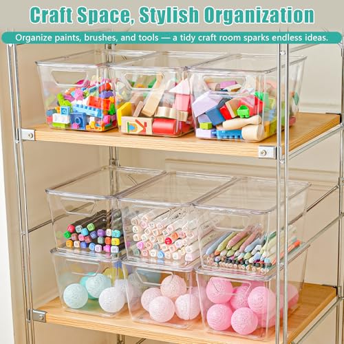 Image of 6 Pack Medium Clear Storage Bins with Lids, Acrylic Arts and Craft Storage Containers, Stackable Clear Plastic Craft Storage Bins with Handles for Pantry Organizers and Storage, Kitchen, Fridge,Office