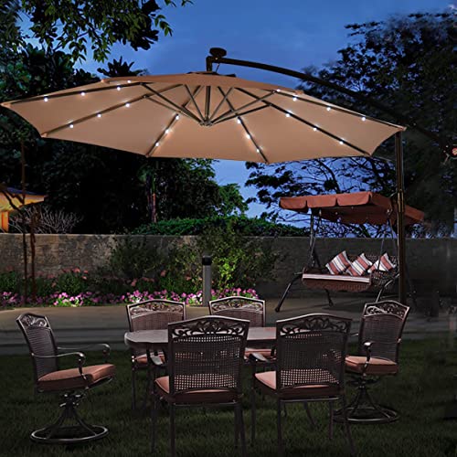 Walnut 10' Hanging Solar Led Umbrella Patio Sun Shade Offset Market W/Base Tan Solar Powered Offset Umbrella With Cross Base #TOP2