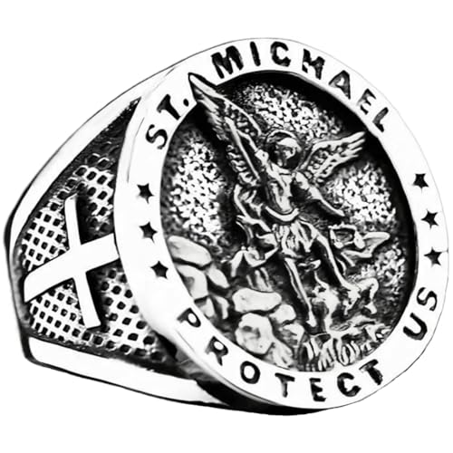 The Great Protector Archangel St. Michael Round Signet Ring for Men Punk Rock Vintage Retro Stainless Steel Patron Saint Michael Cross Religious Protection Talisman Amulet Rings Cocktail Party Jewelry