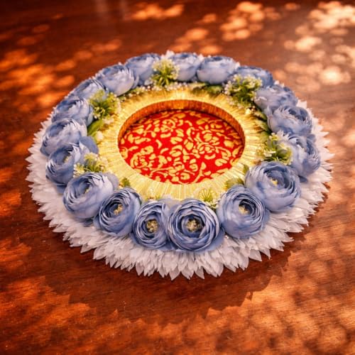 Image of SATYAM KRAFT 1 Pc Handcrafted Engagement Ring Holder Platter Round thali-Ideal for Rakhi, Ring Ceremony, Sagai,shaadi Decor,Marriage, Handmade Decorative Platter for Brides Maid (Blue)
