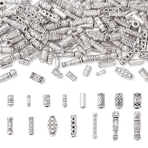 Cheriswelry 150 cuentas de columna de plata tibetana, 15 estilos, cuentas espaciadoras de barril de tubo de metal, para hacer joyas, agujero: 1,5 3 mm