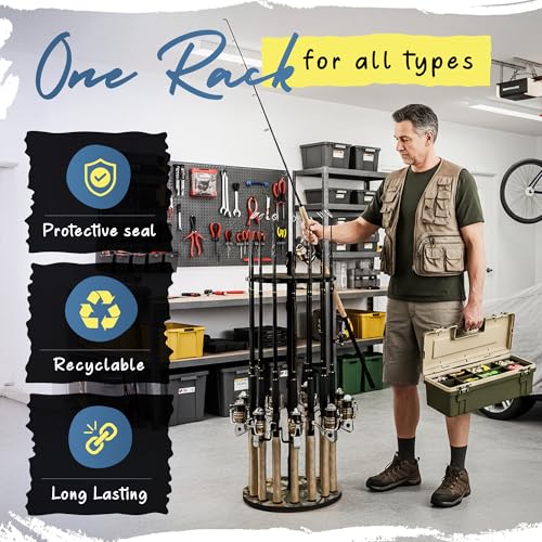 Image of Rush Creek Creations 16-Rod Round Fishing Rod Holder for Garage, 360 Access Fishing Pole Holder for Fishing Rods, Reels, and Gear, Securely Holds 16 Rods, Camouflage