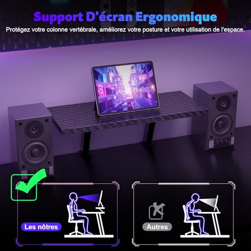 Bureau gamer en L 120x120cm table informatique d'angle carbone noir Devoko