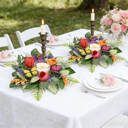 Image of 4 PCS Summer Lavender Tulips Candle Rings Wreaths Artificial Floral Pillar Candle Holder Wreaths with Butterfly Mini Spring Summer Candle Rings for Table Centerpiece Home Farmhouse Cabinet Porch Decor