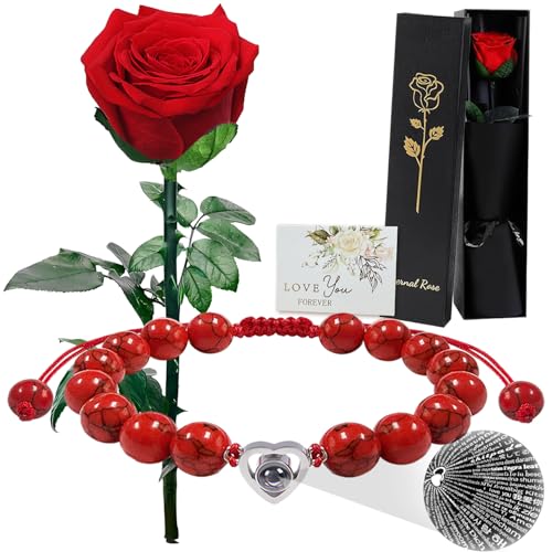 Rosa Eternas con Tallo,Rosas Naturales Hechas a Mano,Real Ramo Flores Preservada para Día de la Madre Día de San Valentín Navidad Acción Gracias Madre Abuela Esposa Novia Cumpleaños Regalo(Rojo)