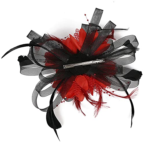 Ellydoor Mesh Fascinators For Women Sinamay Derby Headband Wedding Tea Party Hat Feather Flower Hair Clip Black Red #TOP4