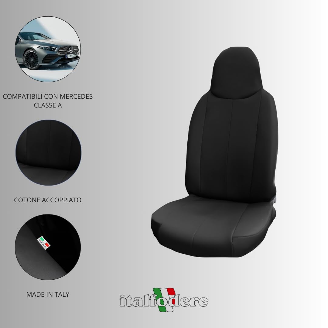 Italfodere - Coppia di Coprisedili Auto Anteriori - Compatibili con Mercedes Classe A - Fatti a Mano - Accoppiato Triplo - Gommapiuma e Poliestere - Accessori Auto Interno - Made in Italy - Nero