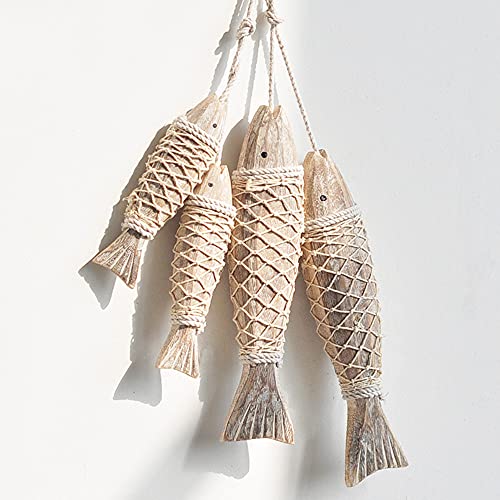 Image of OECECR Vintage Wooden Fish Hanging Wood Fish with Fishing Net Decor Hand Carved Nautical Ornaments Home Wall Decor Hanger Gift - Small