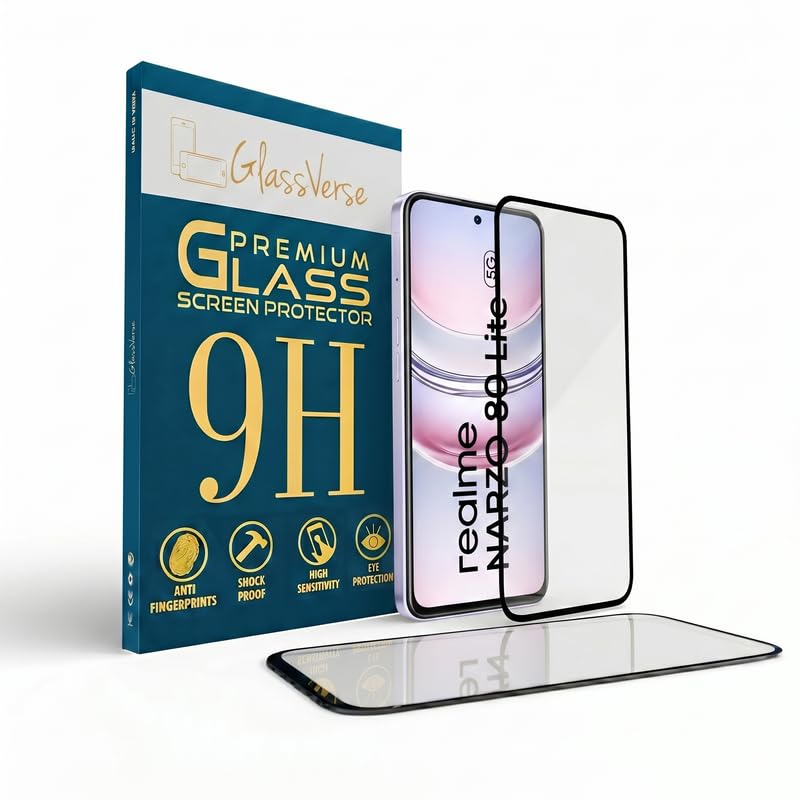 Image of GlassVerse PureView Tempered Glass for Realme Narzo 80 Lite | Crystal Clear, 9H Hardness Screen Protector, Edge to Edge, Case Friendly, Hassle-less Installation Kit Included. (Pack of 1)