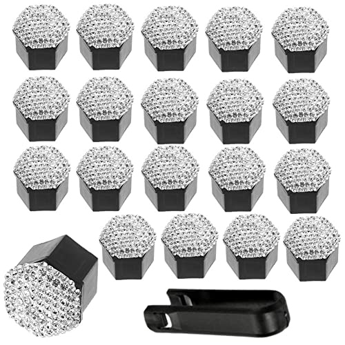 ikasus 20Pcs Car Wheel Nut Covers, Bling Crystal Universal Tyre Nut Covers Hexagonal Tire Nut Covers Auto Hub Screw Bolt Head Tire Protector with Remover Tool Car Wheel Accessories 21mm White