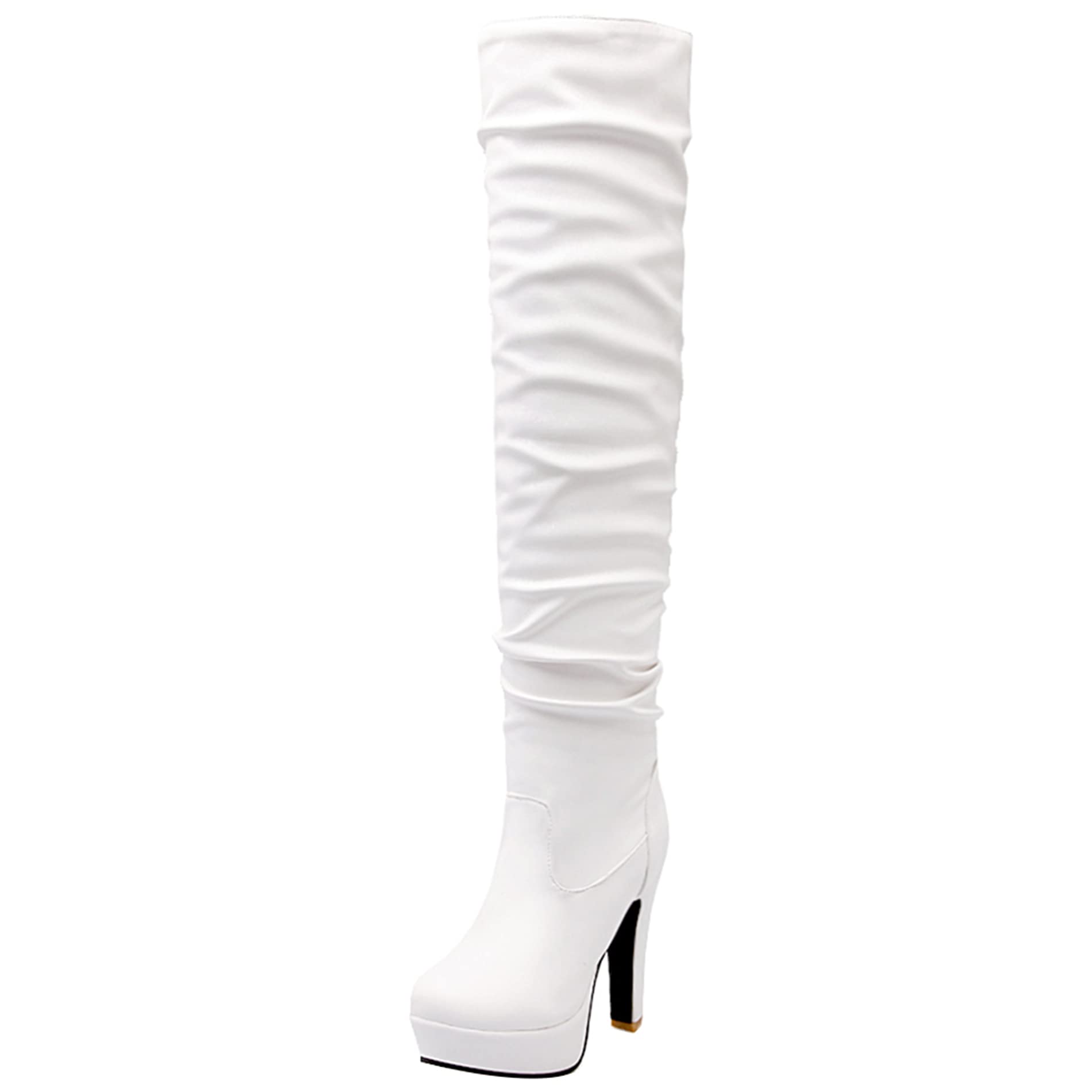 Damen Overknee Stiefel mit Blockabsatz, Lockere Stiefel Höhe Ferse Runde Zehen Lockere Stiefel Ohne Verschluss Plateau, Gr 32-43