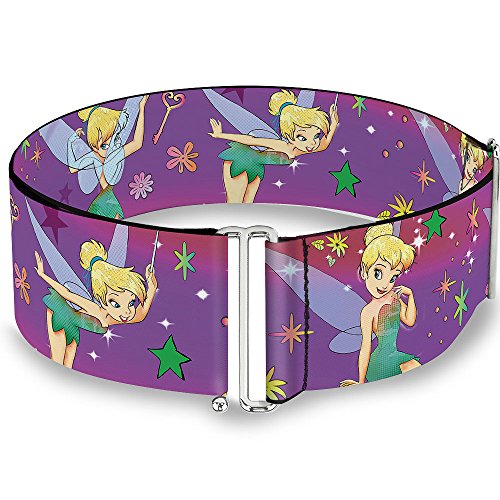 Buckle-Down Disney Belt, Cinch Belt Tinker Bell Poses Flowers Stars Skull Purple, 3.0 Inch Wide, Adjustable