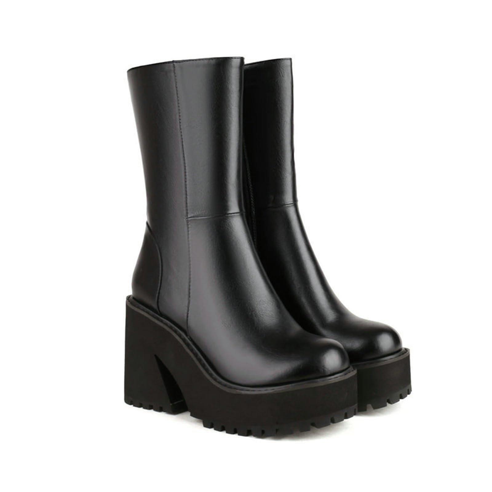 Womens Wedge Heel Ankle Boots Platform Zipper Punk Motorcycle Booties Chunky Block High Heel Round Toe Work Combat