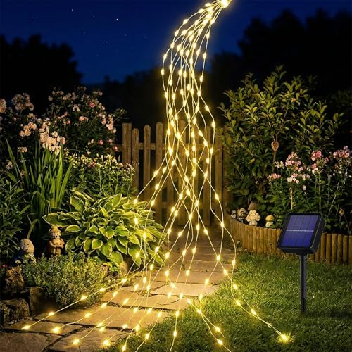 BG9D Solar Lichterkette Aussen,12 Stränge 1,2M 144 LED Lichterschweif, IP67 Wasserdicht Lichterkette Wasserfall für Gießkanne Garten Deko, 8 Modi Drahtlichterkette für Baum Terrasse,Warmweiß