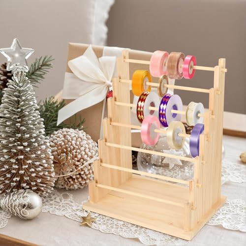 Image of Wooden Ribbon Organizer Rack,Large Capacity Ribbon Holder, Ribbon Spool Holder Stand, Washi Tape Storage Organizer, Wooden Sewing Organizer Display Shelf for Craft Room,Cake Shop,Flower Store (7 Tier)