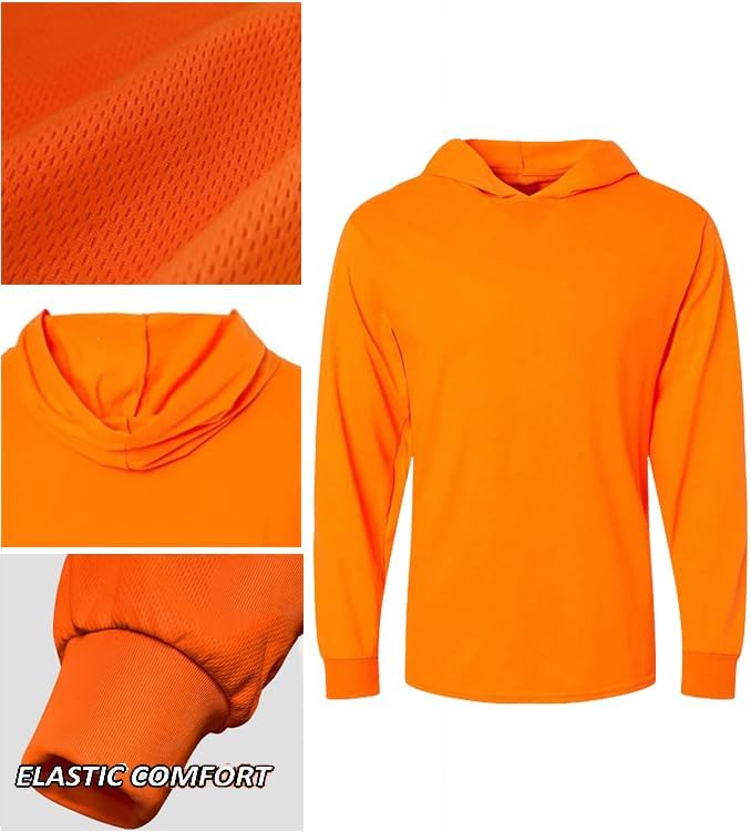 L&M® Hi Vis T Shirt Safety Lime Orange Long Sleeve HIGH Visibility with Hood - Image 2