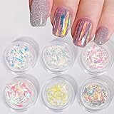 6 Box Aurora Nail Foil Stickers Colorful Glass Paper Holographic Transfer Decals Shiny French Art Supplies for Acrylic Nails Manicure Nail Foil Transfer Stickers Set Girls DIY Nail Decals for Nails