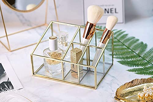Image of Glass Makeup Organizer with Gold Metal Frame - Cosmetic Storage Holder for Lipstick, Perfume & Makeup Brushes - Vanity Organizer for Dressing Table - Multi-Compartment Beauty Storage