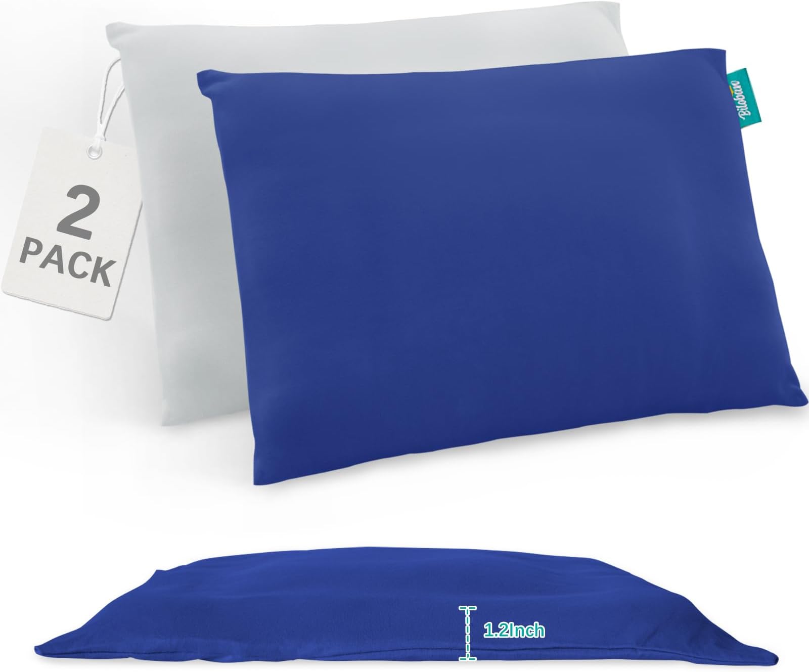 Thin Toddler Pillow 2 Pack with Pillowcase (13 x 18 x 1.2 Inches), Cotton Kid Pillow for Sleeping, Machine Washable Soft Travel Pillows, Toddler Use Only, Age 2 to 5 (Gray&Navy)OEKO-TEX STANDARD 100