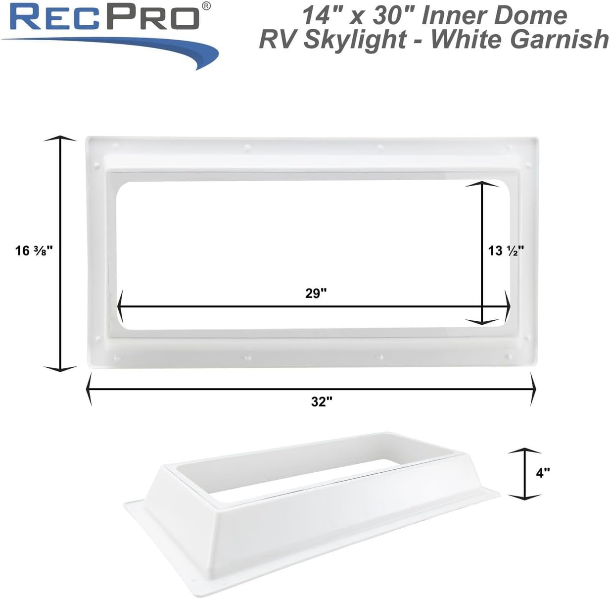 RecPro RV 14" x 30" Inner Dome Skylight Clear Flat Arch with White Trim Ring | Universal Fit Acrylic RV & Camper Skylight Insert, | Heat Insulating Design | Allows Natural Light | Made in USA