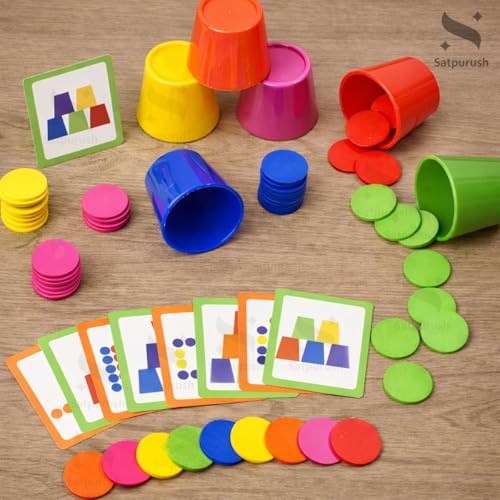 Image of Educational Color Classification Stacking Cup Game for Kids (36 Months+) | Montessori Learning Toy with 6 Stacking Cups, 60 Color Coins & 50 Double-Sided Activity Cards. (Color Match Set)