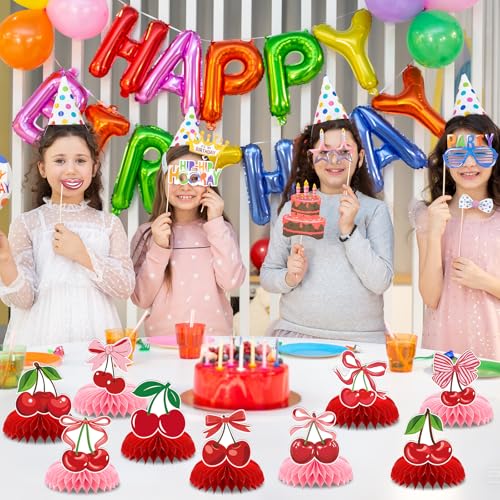 Image of Cherries Birthday Party Decorations - 9 Pcs Pink Bow Honeycomb Centerpieces for Girls Women Sweet Cherries Table Ornaments Sets Happy Paper Fruit Theme Supplies Red Coquette Display Decors