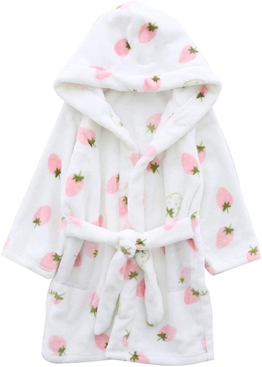 Girls' Bath Robe, Cute Strawberry Print Warm Plush Fleece Bathrobe Robe