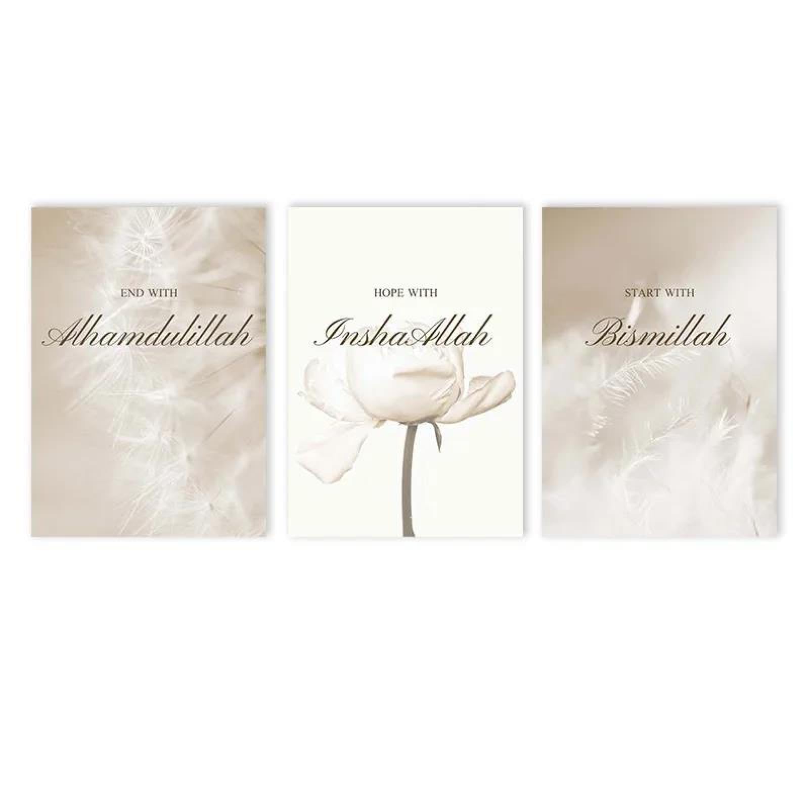 Baibexing Bismillah Islamic Art Poster Painting Blooming Flower Canvas Print Allah Arabic Wall Art Picture Living Room Decor 50X70Cmx3Pcs Unframed