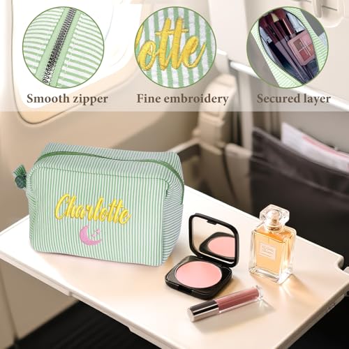 Personalized Monogram Makeup Bag, Custom Cosmetic Bag with Zipper, Birthday Gifts for Girls Sister & Girlfriend, Lightweight Seersucker Travel Pouch for Toiletries with Striped Pattern3