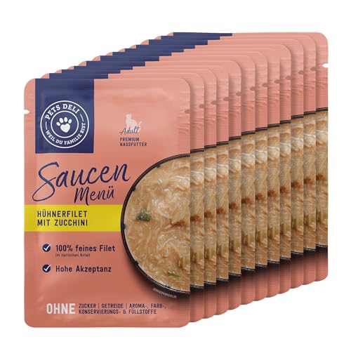 Pets Deli Nassfutter für Katzen Saucen Menü mit Hühnerfilet und Zucchini ohne Zucker und Gluten 12 x 70g