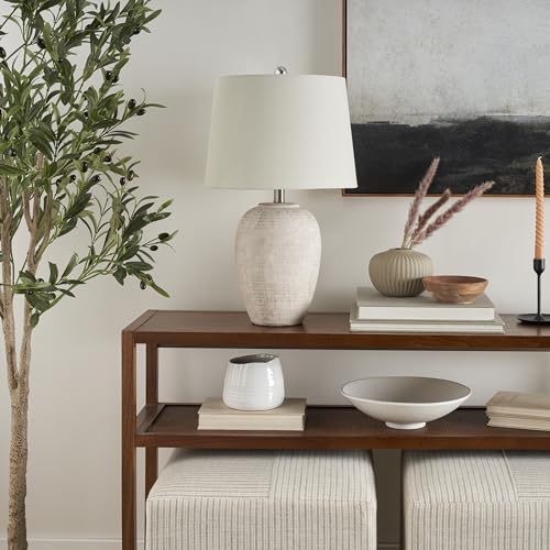 Image of Nourison Home 23 inch Distressed Cream /Beige Rustic Ceramic Jar Table Lamp for Bedroom, Living Room, Dining Office, with Ivory Shade