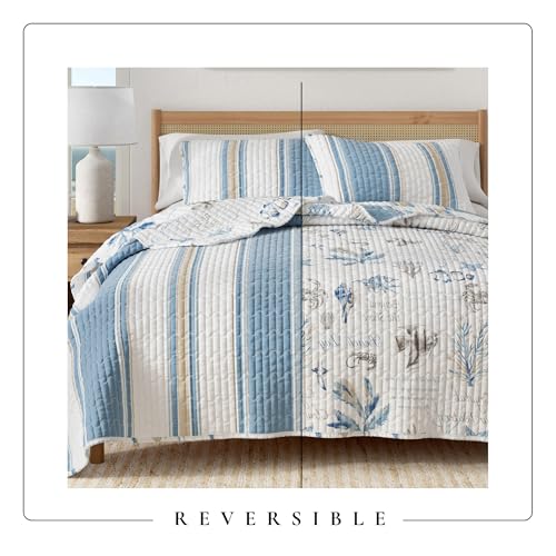 Image of Great Bay Home Coastal Quilt Set - 3-Piece King /California King Size Nautical Bedding Set - Lightweight, All-Season, Reversible Bedspread (Flag Stripe /Ocean Stories)