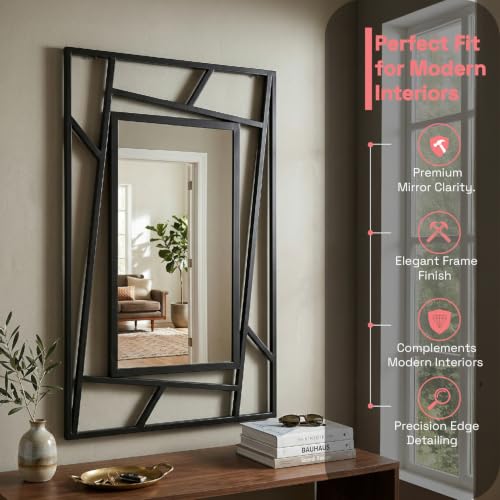 Image of Wakefit Decorative Rectangle Wall Mirror - 38 Inch | Metal Frame Wall Mirror for Living Room Bedroom Entryway Dressing Room Modern Home Decor & Gifting | Spro Black - 37.4x25.6x0.8 Inch