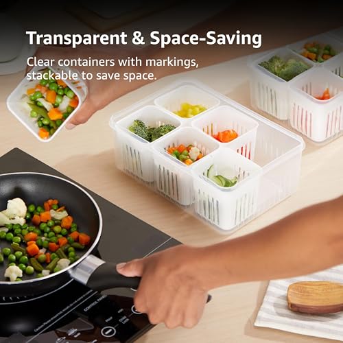Image of Amazon Brand - Solimo Plastic Fridge Containers Set | 6-Grid Airtight Refrigerator Storage Boxes with Lids | Freezer & Kitchen Organizer (Pack of 2, White)