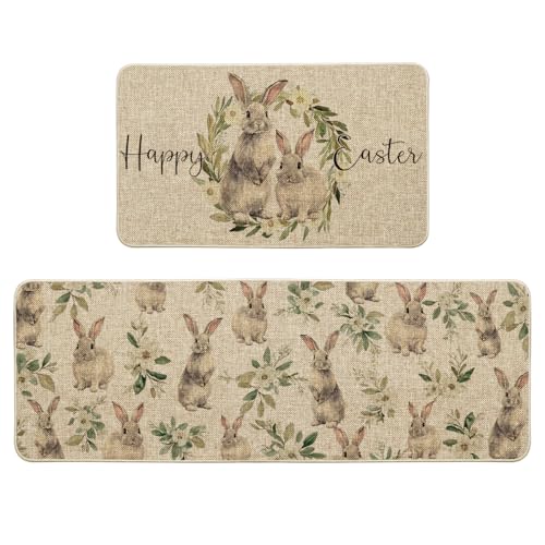 Artoid Mode Flower Wreath Bunny Rabbit Happy Easter Kitchen Mats Set of 2, Spring Home Decor Low-Profile Kitchen Rugs for Floor - 17x29 and 17x47 Inch