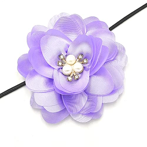 YOOGCORETT 5pcs Purple Chiffon Lace Fabric Flowers Flat Back Rhinestone Applique Bows for DIY Sewing Craft Party Decoration Hair Clips Accessories Supplies - 3.1