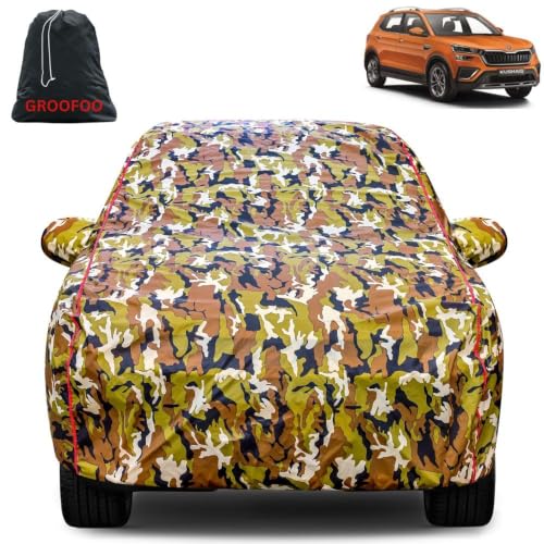 Image of Waterproof Car Body Cover with Mirror Pockets Compatible with Skoda Kushaq Car Cover | Triple Stitch and UV & Dust Proof All-Weather Protection, (Army Red)