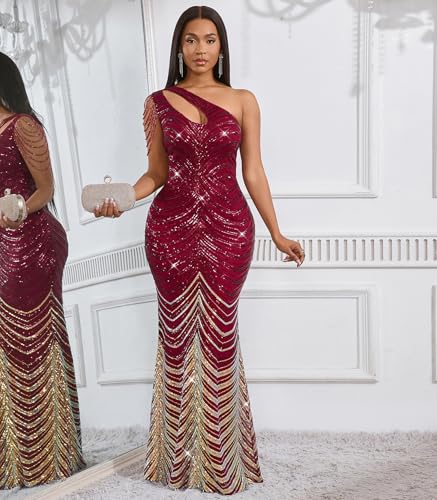 Image of Cololura Women Sequin Elegant Sexy One Shoulder Tassel Mermaid Bodycon Cocktail Evening Dress