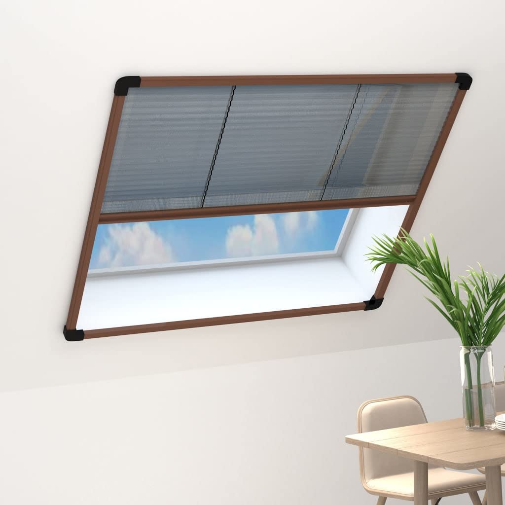 Insektenschutz-Plissee für Dachfenster, Fliegengitter mit stabilem Aluminium-Rahmen in Braun und Fiberglas-Netz in Schwarz, Mückengitter Fensterbausatz, 120 x 120 cm