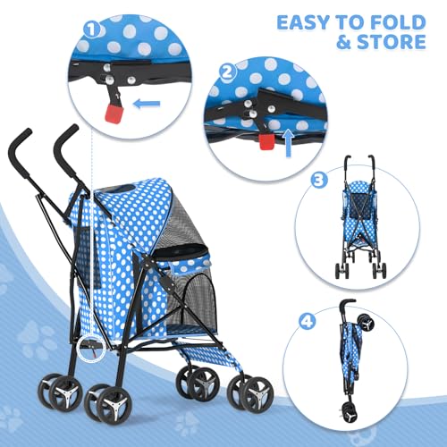 Image of Magshion Compact Fold Pet Travel Stroller for Small Dogs Cats | Up to 22lbs, 4-Wheel Lightweight Umbrella Shaped Design, Safety Tethers, Breathable Mesh, Cup Holder & Rear Storage