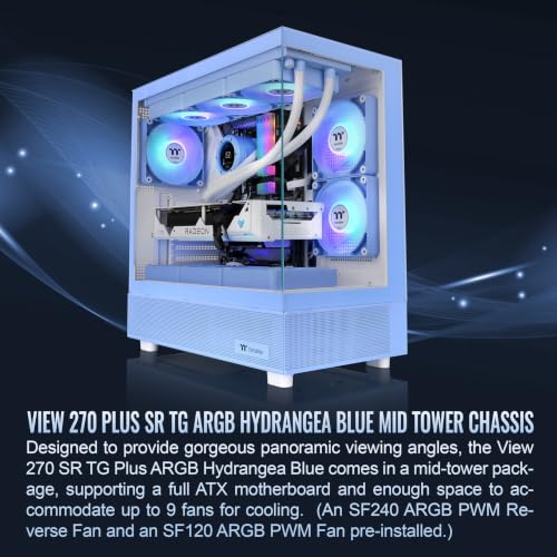 Image of Thermaltake View 270 Plus SR TG ARGB; Mid Tower Chassis; 1xSF240 ARGB PWM Reverse Fan 1xSF120 ARGB PWM Fan; 360mm Radiator Support; 420mm GPU Clearance; Hydrangea Blue; CA-1Y7-00MFWN-06