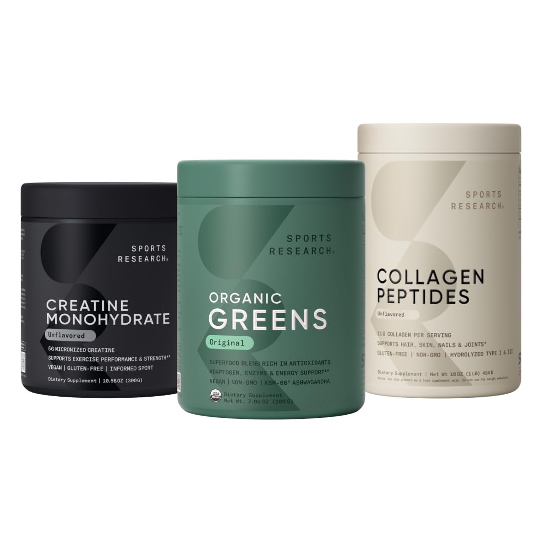 Sports Research Organic Greens Superfood Powder w Spirulina Chlorella Adaptogens Enzymes Probiotics 8 VIT Bs Creatine Monohydrate Collagen