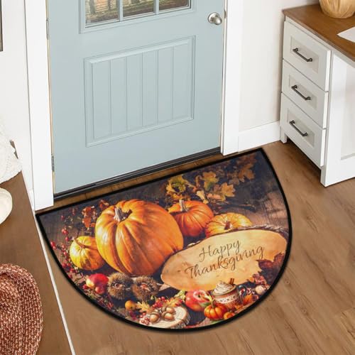 Image of cfpolar Half Round Door Mat Thanksgiving Pumpkin Non-Slip Semi Circle Area Rug Washable Half Moon Hearth Rugs for Indoor Outdoor Bathroom Kitchen Patio Runner Mat Laundry Room Home Decoration