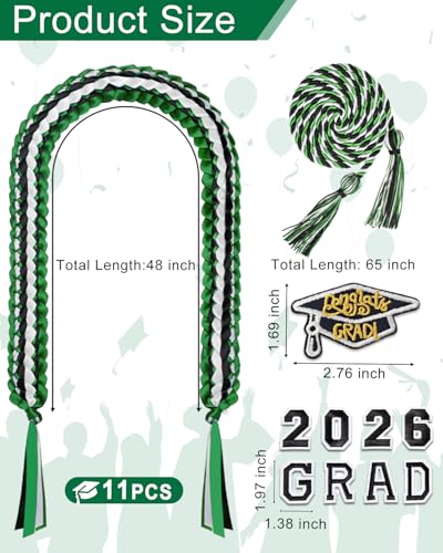 Image of Yigney Graduation Lei Set Class of 2026 Grad Ribbon Leis with Honor Cord Double Braided Graduate Leis for Men Women Green Black White