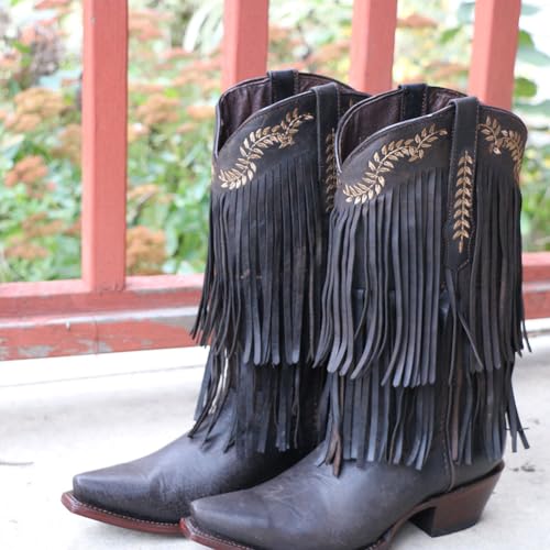 Soto Boots Santa Fe Women's Fringe Cowgirl Boots With Floral Embroidery, Genuine Leather Handcrafted Fashion Cowgirl Boots With Fringe M500353