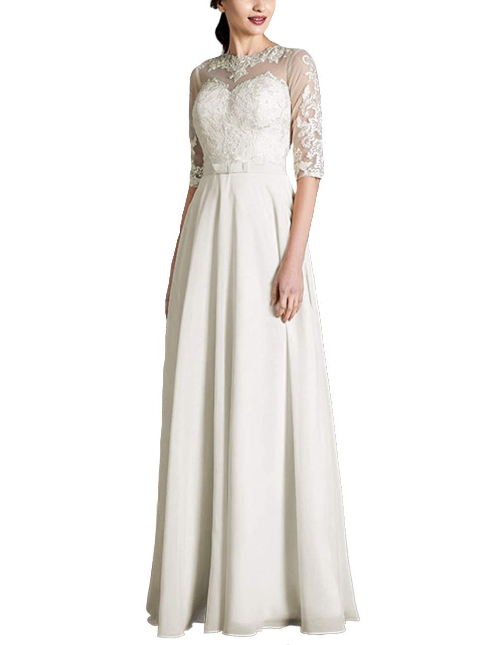 A-Line Chiffona con Maniche Abito da Sera Semplice con Cintura, Avorio, 40