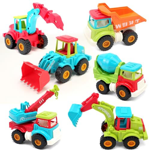 Mercs-X 6台セット 建設車おもちゃ ?性で走る 工事車両セット ダンプ・ショベルカー・クレーン・ブルドーザー・ミキサー・ドリルカー付き 3歳以上の男の子向け ギフト